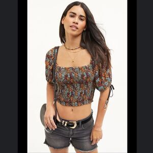 Free People Back On Crop Top Smocked Puff Sleeves Floral Printed XS
